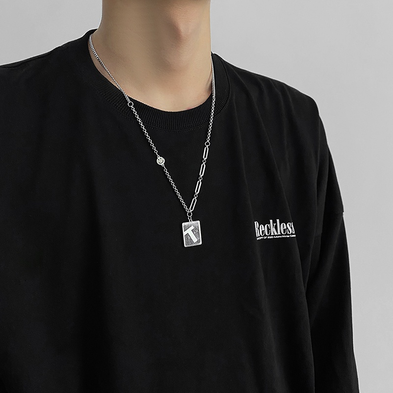 Titanium steel letter square necklace men's and women's ins trend design pendant hip-hop versatile accessories