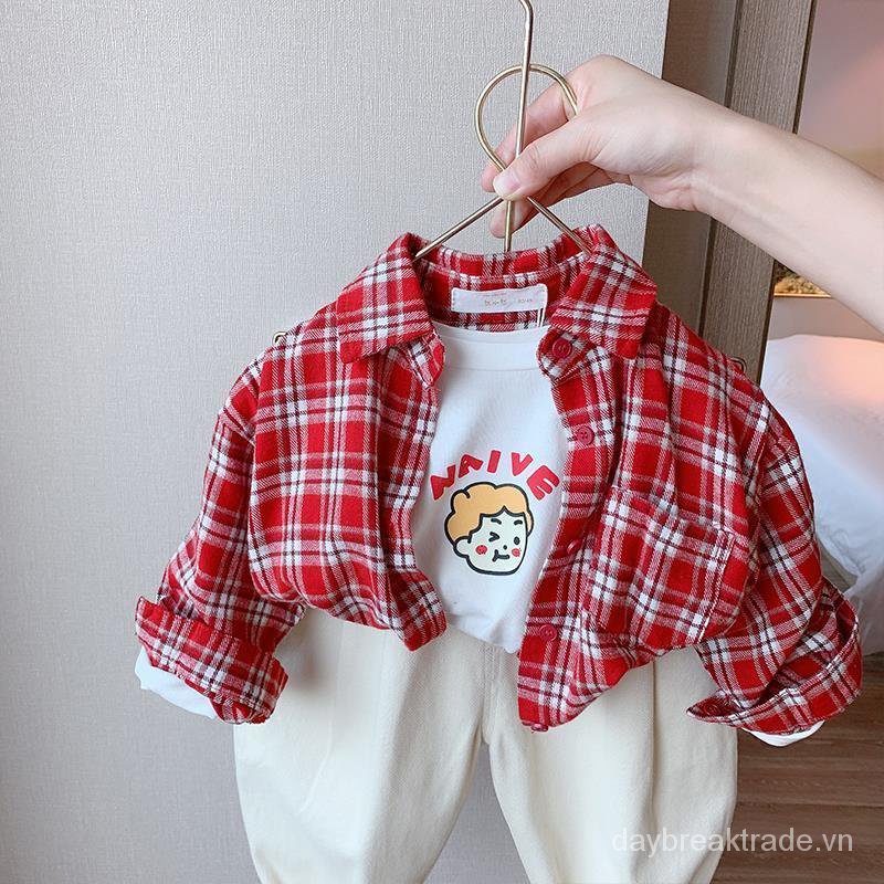 Áo sơ mi tay dài họa tiết kẻ sọc mùa xuân kiểu Hàn đáng yêu dành cho bé 2021
