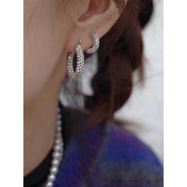 Khuyên tai full đá cz nhỏ siêu đẹp dày dặn bạc chuẩn đường kính tầm 1,2cmn