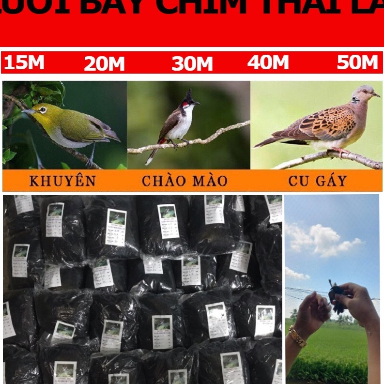 Lưới chim 6cm cao 5m dài 10m 20m 30m 40m lưới tàng hình hàng Thái Lan bắt các loại cu gáy + cò vạc + các loại chim