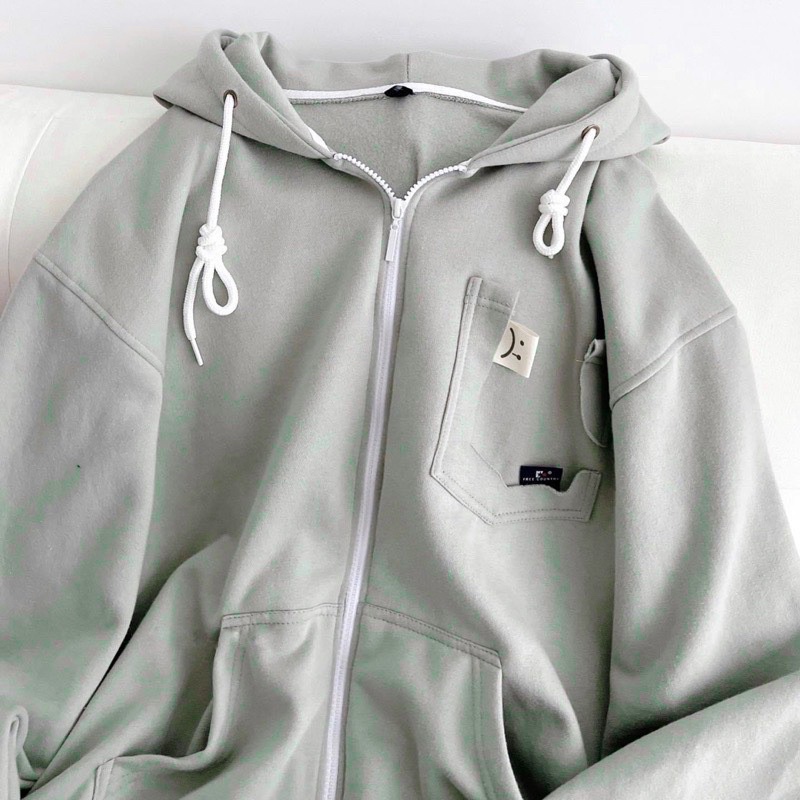 Áo Khoác Hoodie Phối Zip Unisex ICON SAD :( 🙁 v2 Vải Nỉ Bông màu KEM/ĐEN 🖤 Nam nữ unisex 🖤 Áo hoodie dây kéo Form Rộng 🙁