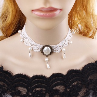 Vòng cổ nữ choker ren trắng đính gương cá tính