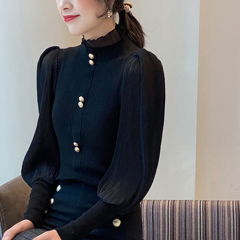 IELGY  Áo sweater Dệt Kim Cổ Lọ Tay Phồng Thời Trang Cho Nữ