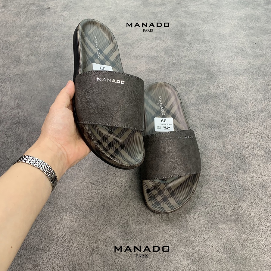 Dép da nam quai ngang cao cấp Manado Mã MND06 fullbox, quai da mềm mại, đế cao su thiết kế chắc chắn