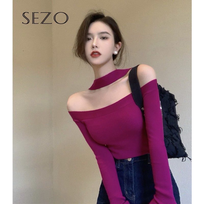 QKOOLE  Áo thun tay dài hở vai dáng ôm phong cách Hàn Quốc thời trang dành cho nữ