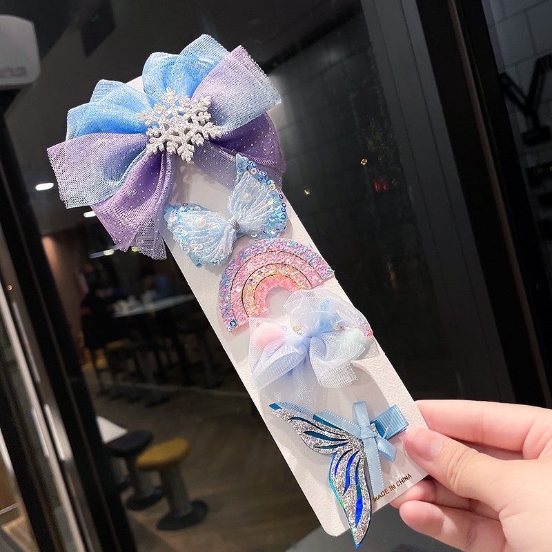 Set kẹp tóc có bọc vải cho bé gái mẫu cầu vồng lưới xinh xắn