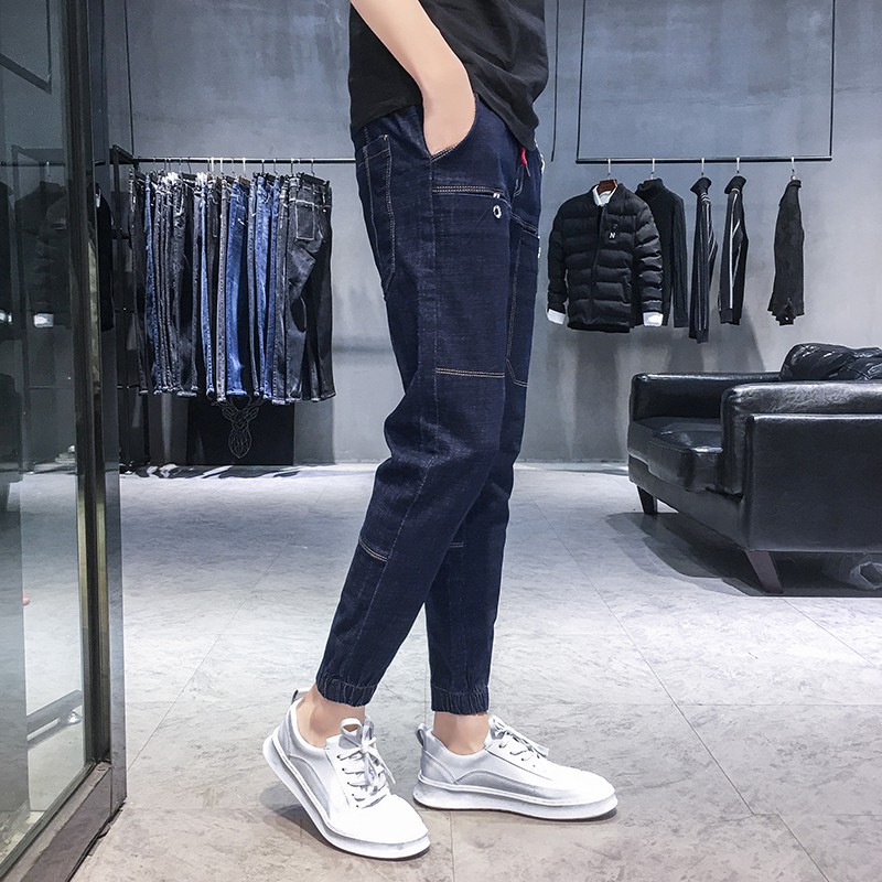 Thời Trang Quần Jeans Form Rộng Lưng Thun Cột Dây Cho Nam