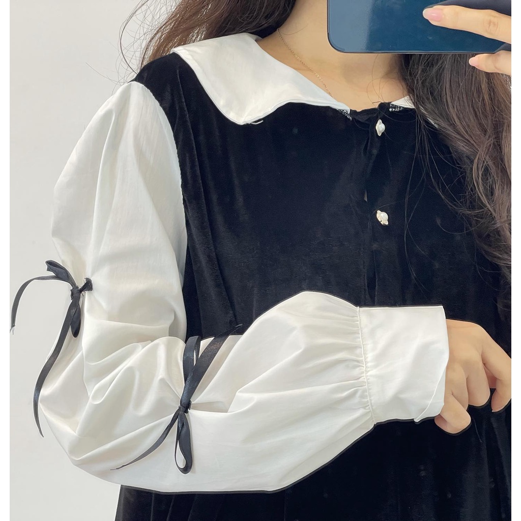 (FREESHIP) Đầm babydoll nhung tay voan nơ Miho house