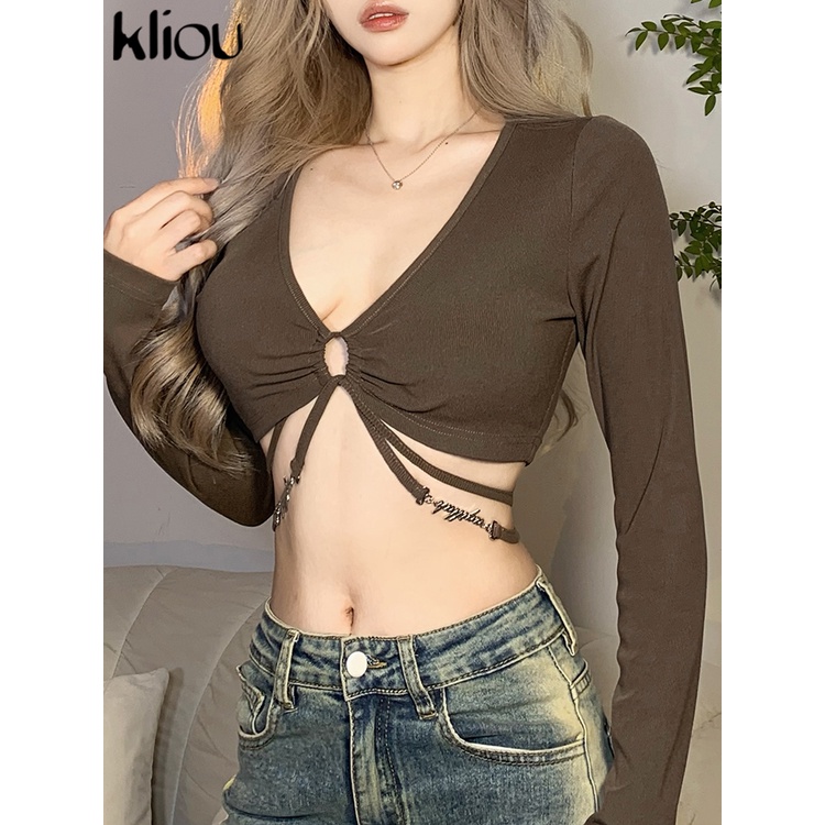 Kliou 2023 Mới vào mùa hè  Mới vào mùa hè  Áo Croptop Tay Dài Thiết Kế Khoét Lỗ Thời Trang Mùa Thu Cho Nữ