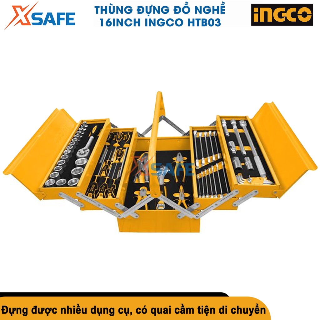 Thùng đựng đồ nghề 3 tầng INGCO HTB03 kích thước 16'' (400x200x195mm), thép cao cấp bền bỉ - chính hãng
