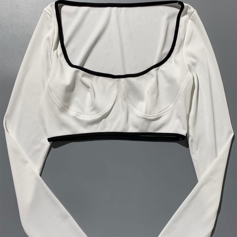 Brroa Áo Croptop Tay Dài Cổ Khoét Sâu Màu Sắc Tương Phản Dáng Ôm Quyến Rũ Cho Nữ