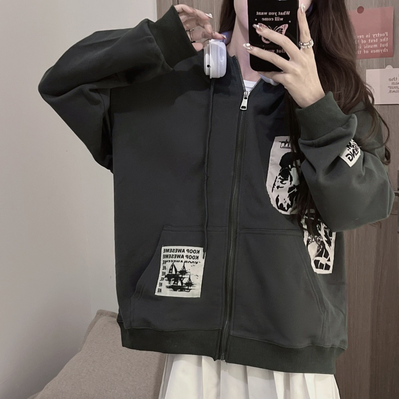 QOEDDV Áo Khoác Cardigan Tay Dài Có Mũ Trùm Đầu Màu Đen Phối Khóa Kéo Phong Cách Retro Mỹ Cho Nữ