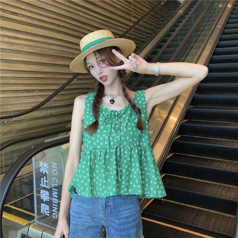 Áo Hai Dây Cổ Chữ V In Hoa Màu Xanh Lá Phong Cách Hàn Quốc Thời Trang Cho Nữ