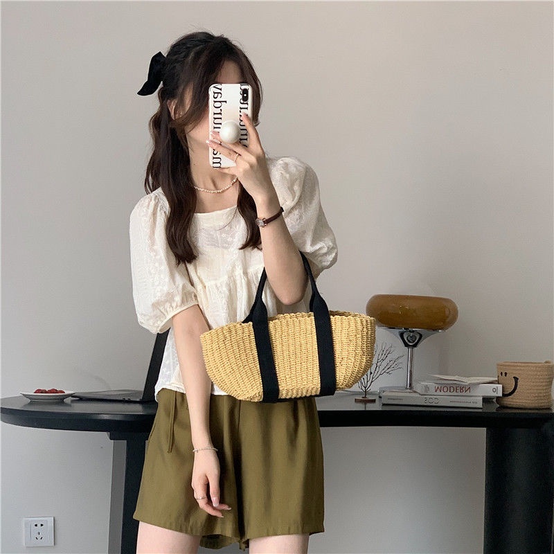 Áo Kiểu Tay Phồng Cổ Vuông Phối Ren Thời Trang Mùa Hè Xinh Xắn Cho Bé