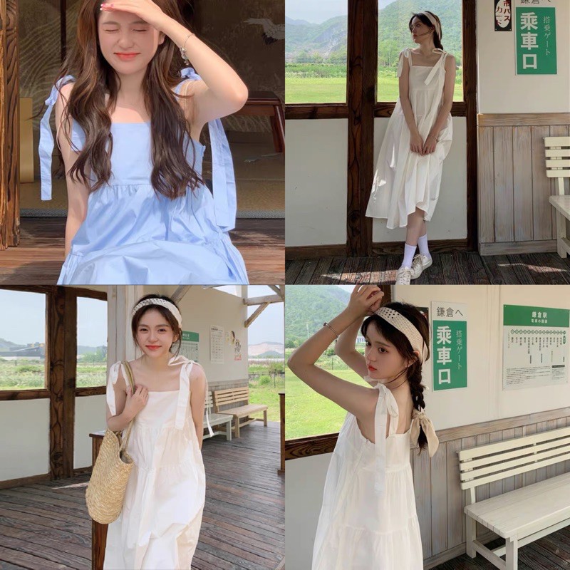 [Ảnh thật/Video] Đầm - váy hai dây ulzzang voan tơ buộc vai 2 lớp Váy hai dây thô vintage dáng dài