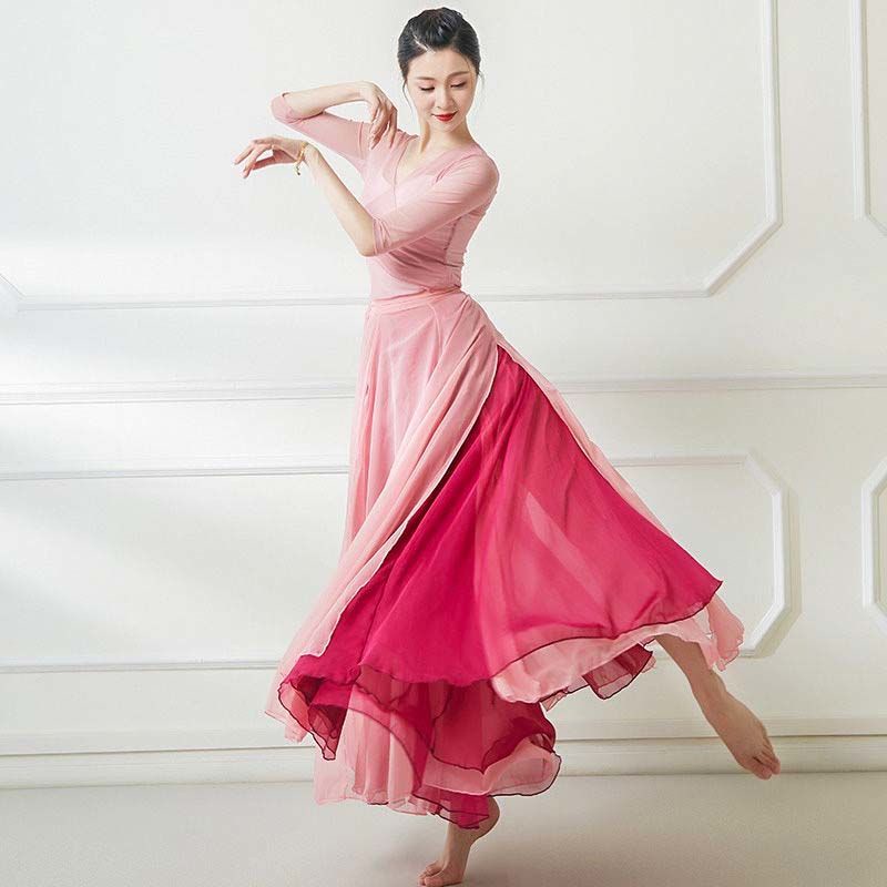 Chân Váy Voan Xòe Hai Lớp Cột Dây 720 Độ Phong Cách Dân Tộc Thanh Lịch Dùng Biểu Diễn Sân Khấu