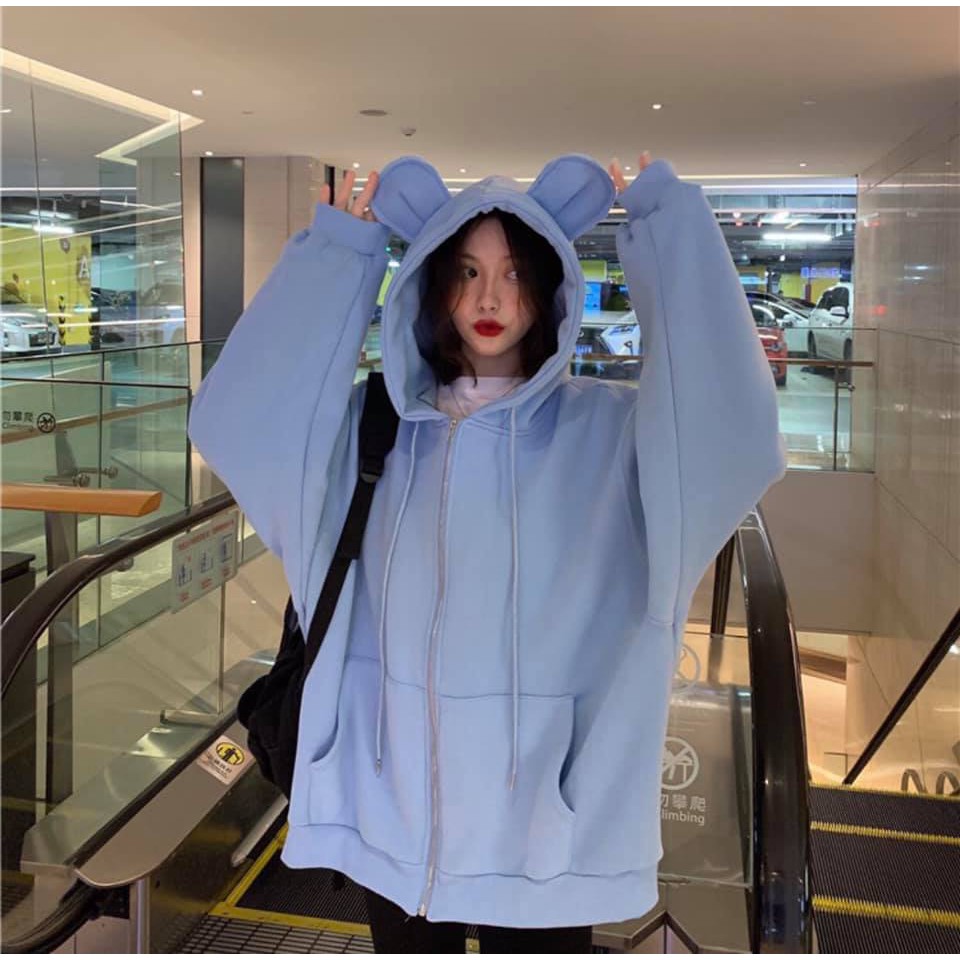 Áo Khoác Nỉ BEAREARS Nữ [FREESHIP] 🌸 Hoodie jackets mũ tai gấu khóa zip cute dễ thương màu XANH | HỒNG Ulzzang HOT 🌸 | WebRaoVat - webraovat.net.vn