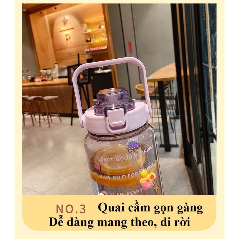 [HÀNG MỚI VỀ - TẶNG khăn nén, sticker] BÌNH nước 2L cute văn phòng thể thao có vạch báo giờ và ống hút