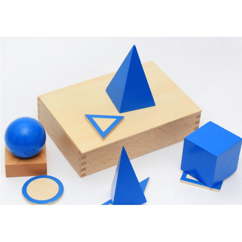 Hộp khối hình học màu xanh kèm đế ( The Geometic Solids ) - Giáo cụ Montessori