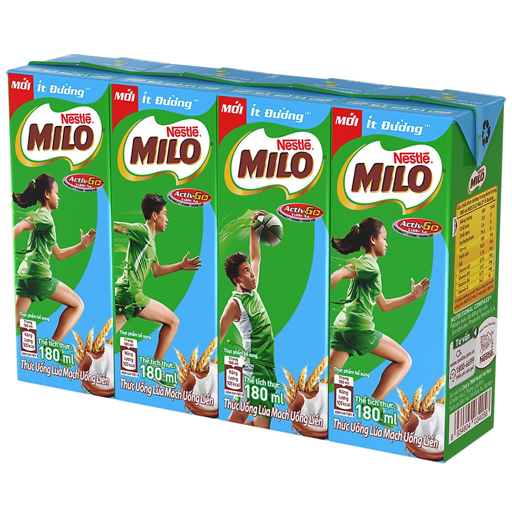 MILO ÍT ĐƯỜNG VỈ 4 HỘP X 180ML [DATE LUÔN MỚI]