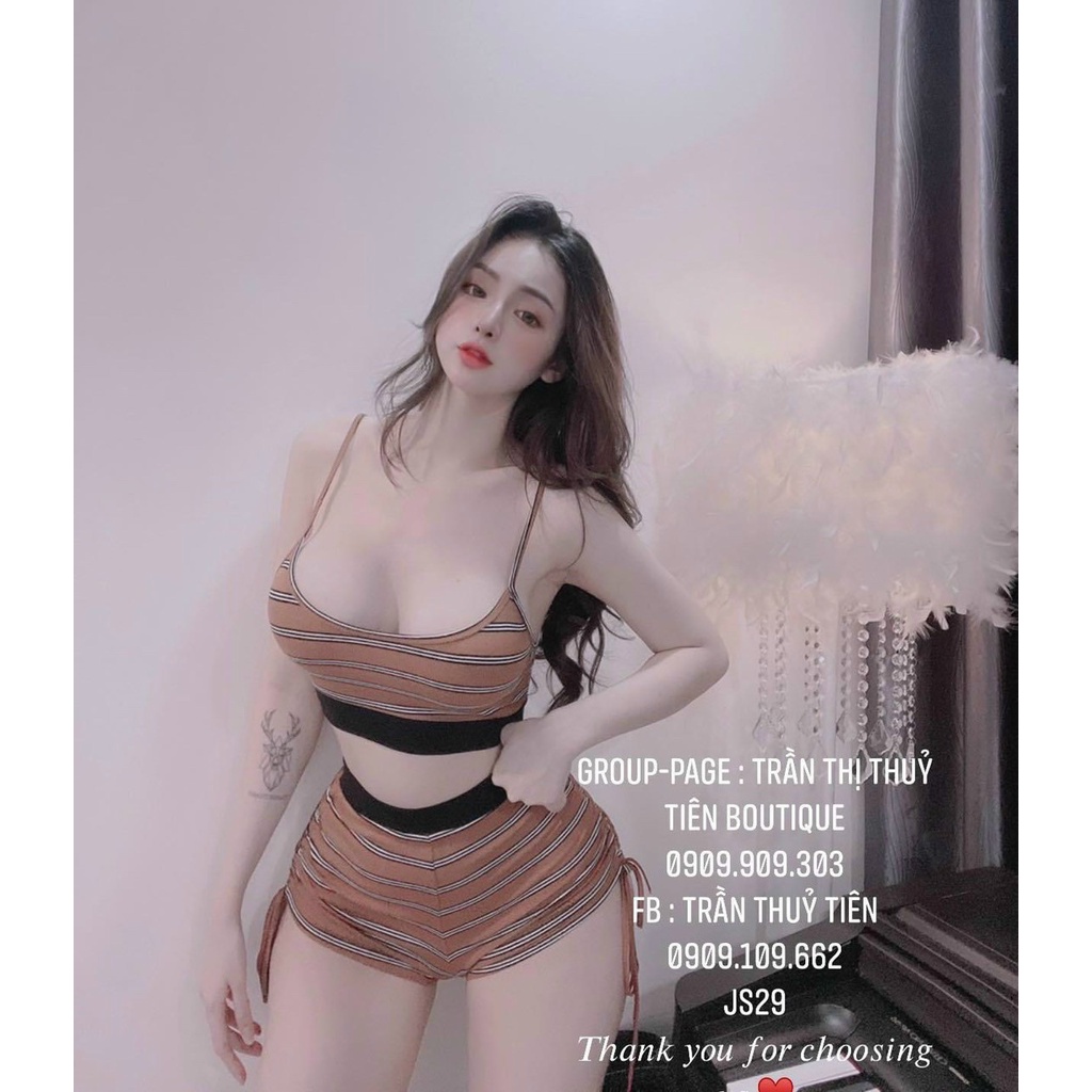 [Freesize+ Hoàn xu] Set áo croptop mix quần đùi dây rút