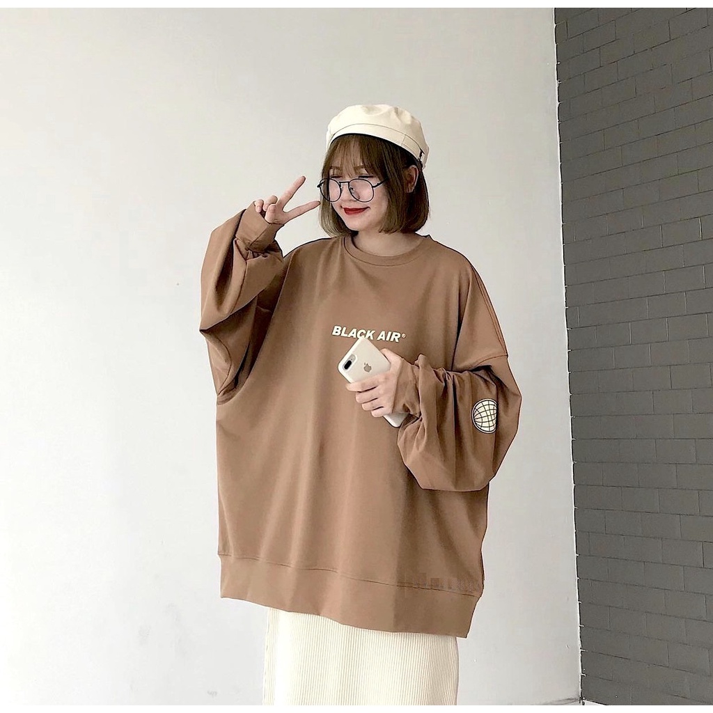 Áo Nỉ Black Air Tay Bồng PEONYB Nữ [FREESHIP]  Sweater form rộng oversize màu nâu nhạt in hình cá tính Ulzzang