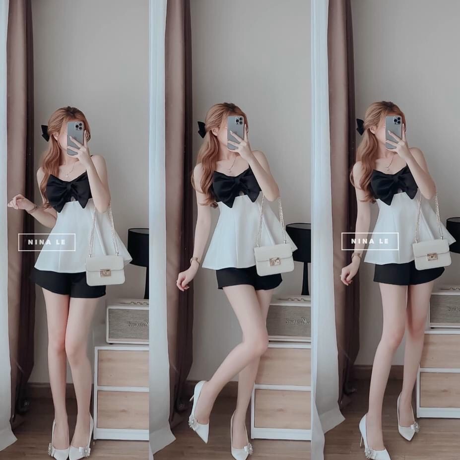 Sét bộ đùi áo 2 dây phối quần ống rộng áo phối nơ bản lớn thích hợp phong cách mùa hè mẫu có 1 màu như hình ( trắng đen)