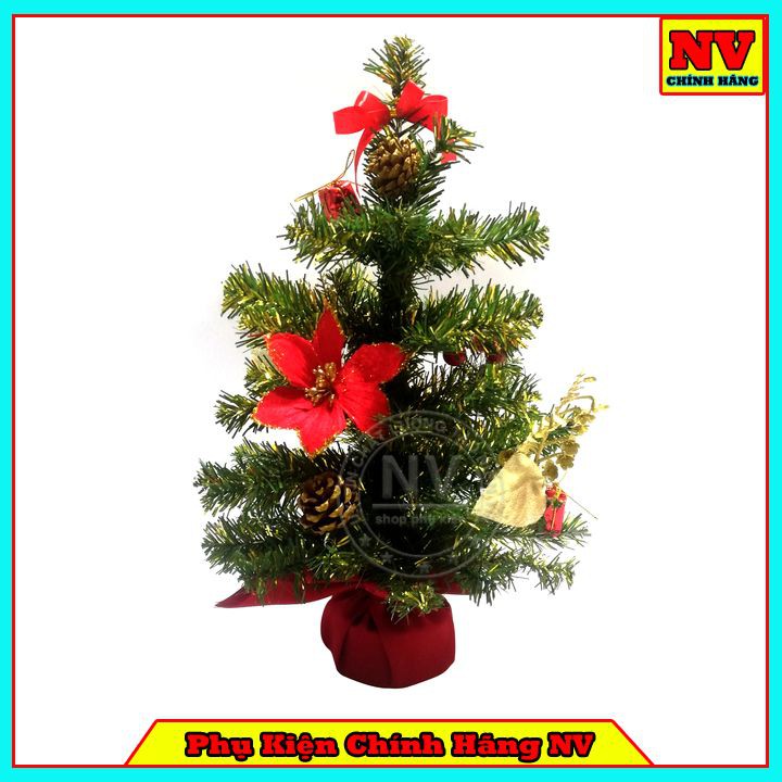 Cây Thông Noel Để Bàn Màu Trắng Và Xanh Đế Nhựa Bọc Vải Đỏ