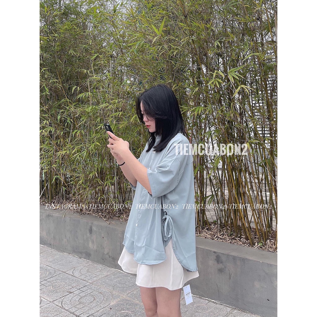 Áo Sơ Mi  Nữ Tay Lỡ Hàn Quốc Nơ Eo Rút Dây 2 Bên Dày Mịn Thoáng Mát Thiết Kế Thời Trang Kiểu Dáng Năng Động Trẻ Trung