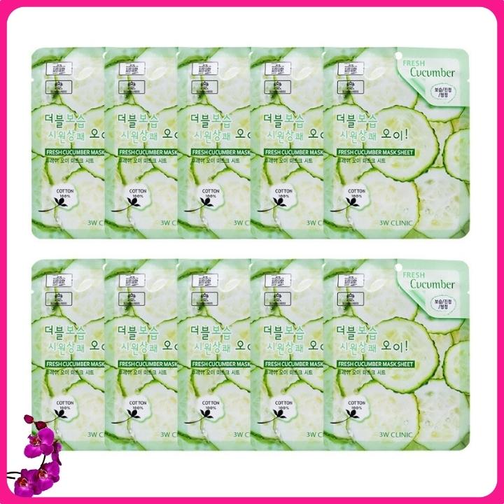 10 Mặt nạ giấy dưỡng da thiên nhiên Dưa leo chuột Mỹ phẩm chính hãng Hàn Quốc 3W Clinic Fresh Cucumber Mask sheet