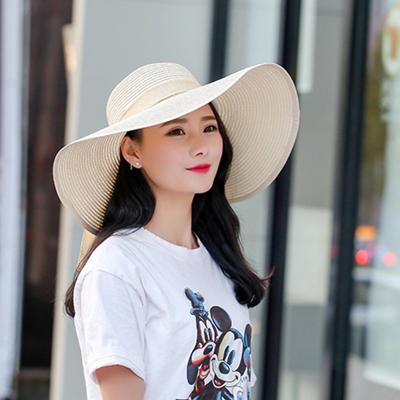 Mũ cói ( Nón cói) vành rộng 45cm bo viền phối nơ vải bố siêu xinh(SH12)