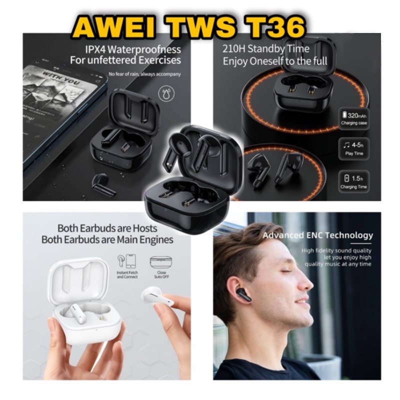 Tai Nghe Thể Thao Awei TWS Bluetooth 5.0 T36 T12P T17 T21 T28P T35 Màu Đen Chất Lượng Cao