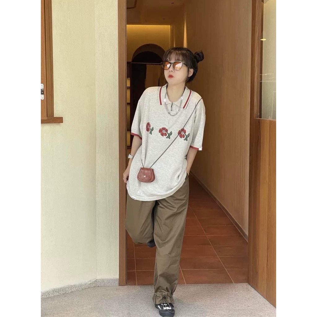 Áo thun POLO Xốp nữ Màu Ghi tay lỡ có cổ phông form rộng freesize unisex mặc đi học, cặp, nhóm, lớp