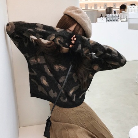 Áo len Sweater Tay Dài Cổ Tròn Hoạ Tiết Da Báo Phong Cách Hàn Quốc Cho Nữ AO029