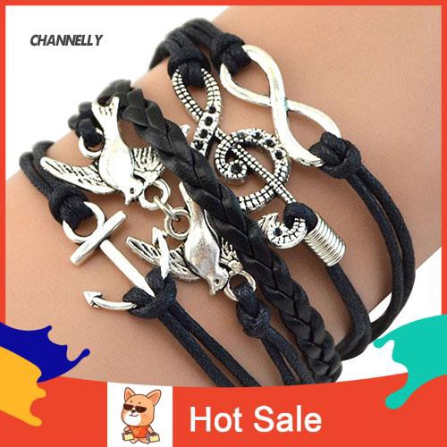 ☼ Clearence  Women Retro Infinity Skull Music Pigeon Faux Leather Charm Bracelet Bangle Cuff