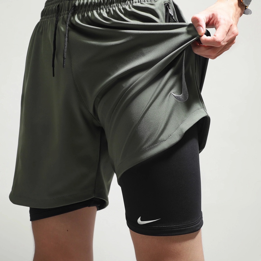 Quần Short đùi tập gym nam 2 lớp NIKE LÓT THUN Vải Thể Thao có túi Ziper