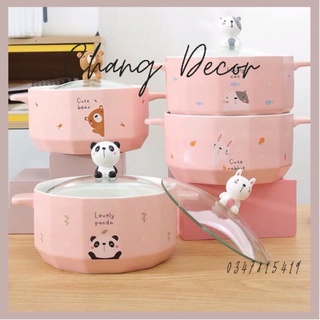 Bộ Nồi Sứ up mỳ Tô sứ ăn mỳ nắp thủy tinh, kèm bộ muỗng đũa thìa dễ thương sáng tạo