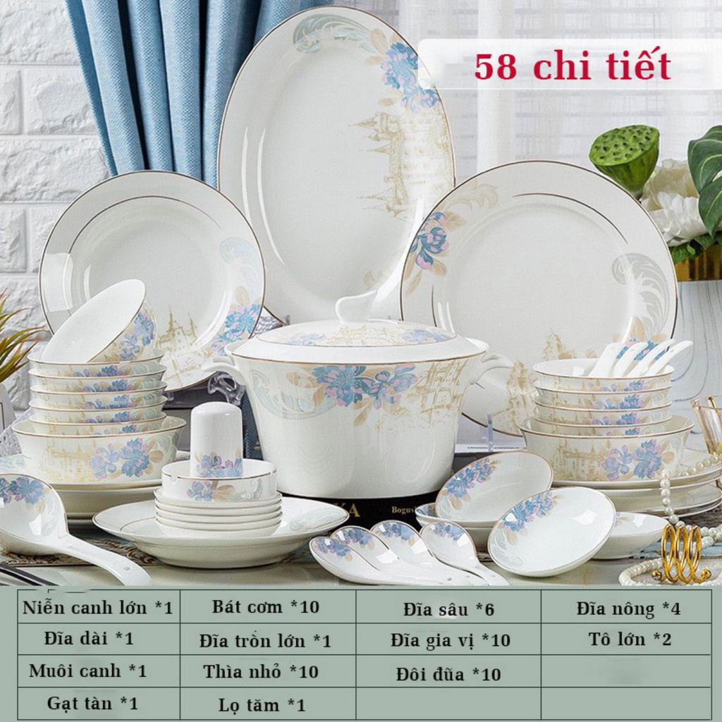 Bộ bát ăn cơm sứ xương 58 chi tiết, chất sứ mỏng nhẹ nhưng cứng, cách nhiệt tốt, dùng được máy rửa bát và lo vi sóng
