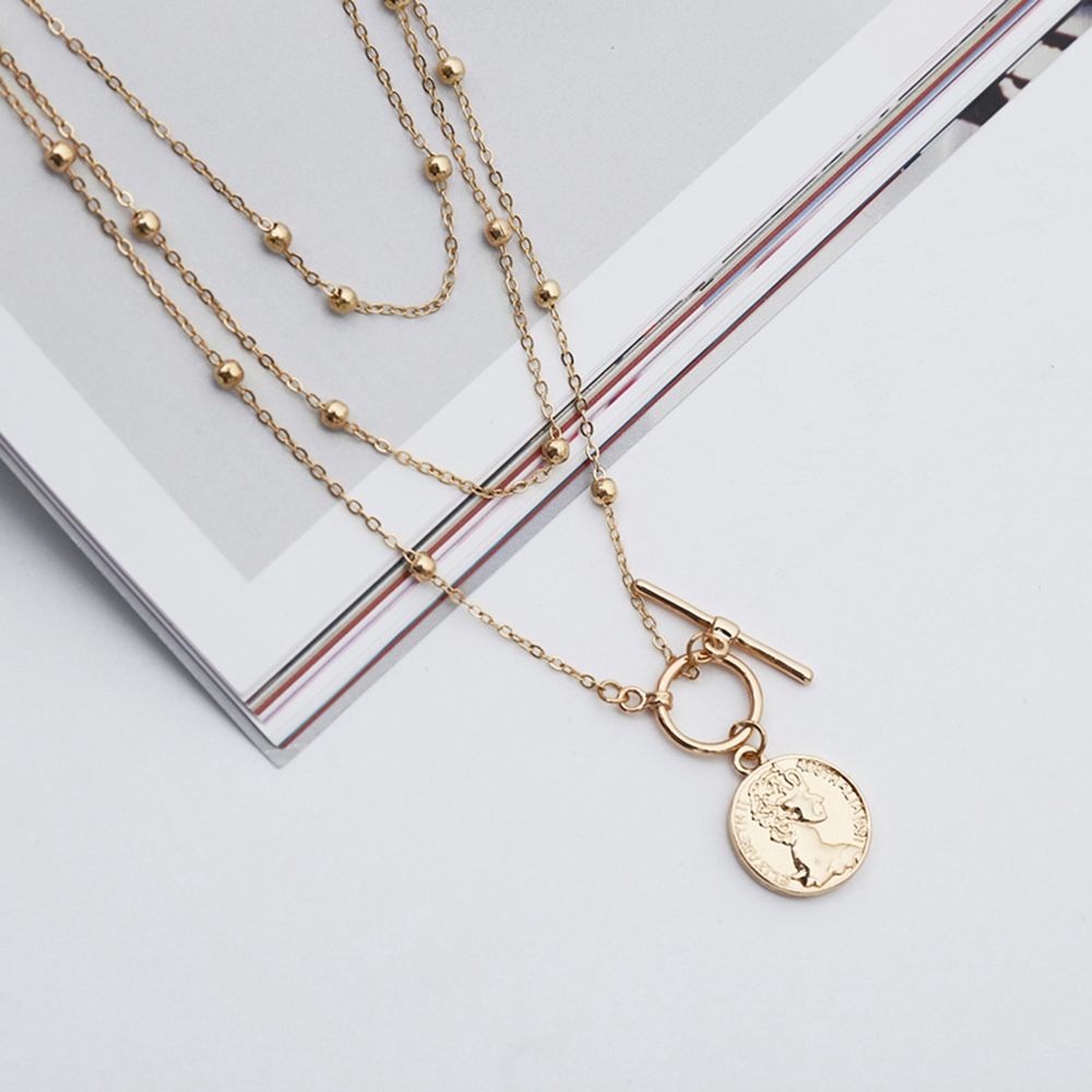 Dây chuyền đa lớp kiểu Boho Retro mặt hình miếng thẻ tròn thời trang cho nữ