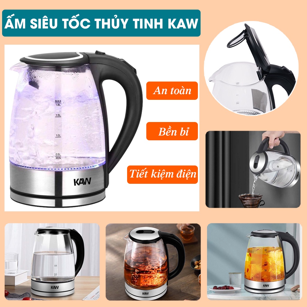 Ấm điện đun nước siêu tốc thủy tinh KAW 2L Chính hãng -Thiết kế hiện đại trong suốt, bình đun nước siêu nhanh có đèn led