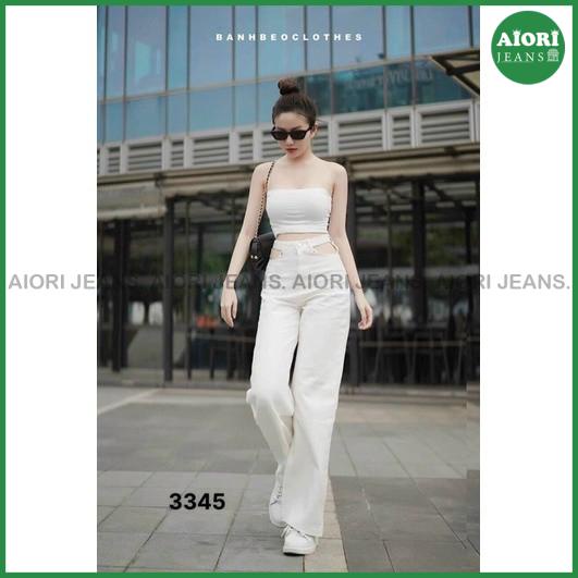 Quần Jeans Nữ Ống Rộng Aiori Cạp Cao Lưng Kiểu Khoét Eo Màu Trắng_Mã 3345