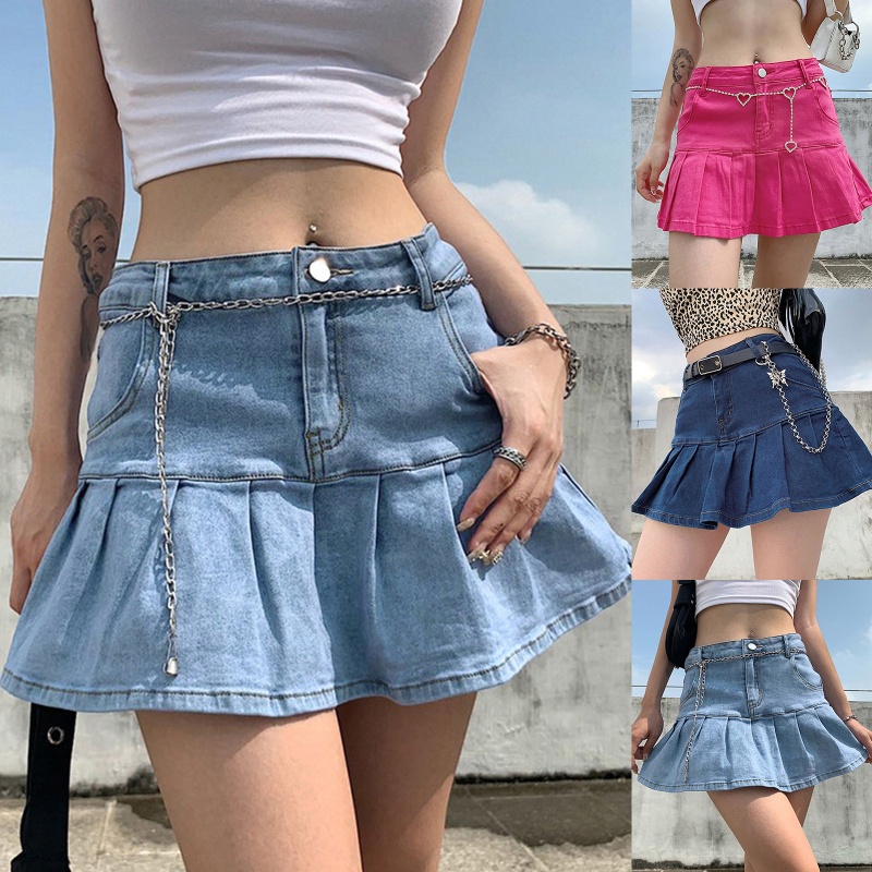 Chân váy jean Xếp Ly Lưng Cao Màu Trơn Phong Cách Harajuku Lolita Gợi Cảm Cho Nữ