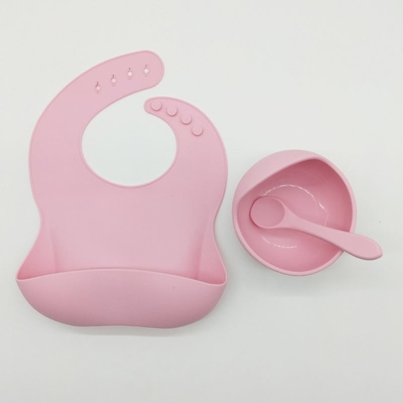 Set 3 Món Gồm Yếm Ăn + Đĩa + Muỗng Bằng Silicone Cấp Thực Phẩm Chống Nước Cho Bé Sơ Sinh