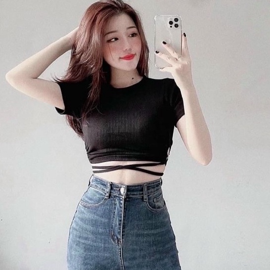 ÁO CROPTOP CỘT EO TAY NGẮN SEXY NỮ HÌNH THẬT