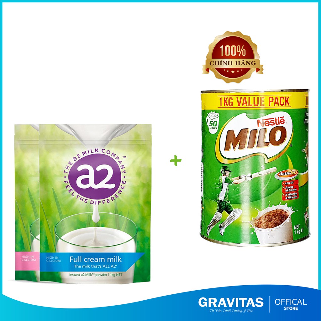 Combo Sữa A2 Nguyên Kem 1Kg Và Milo Úc 1Kg Cao Cấp Cho Sức Khỏe