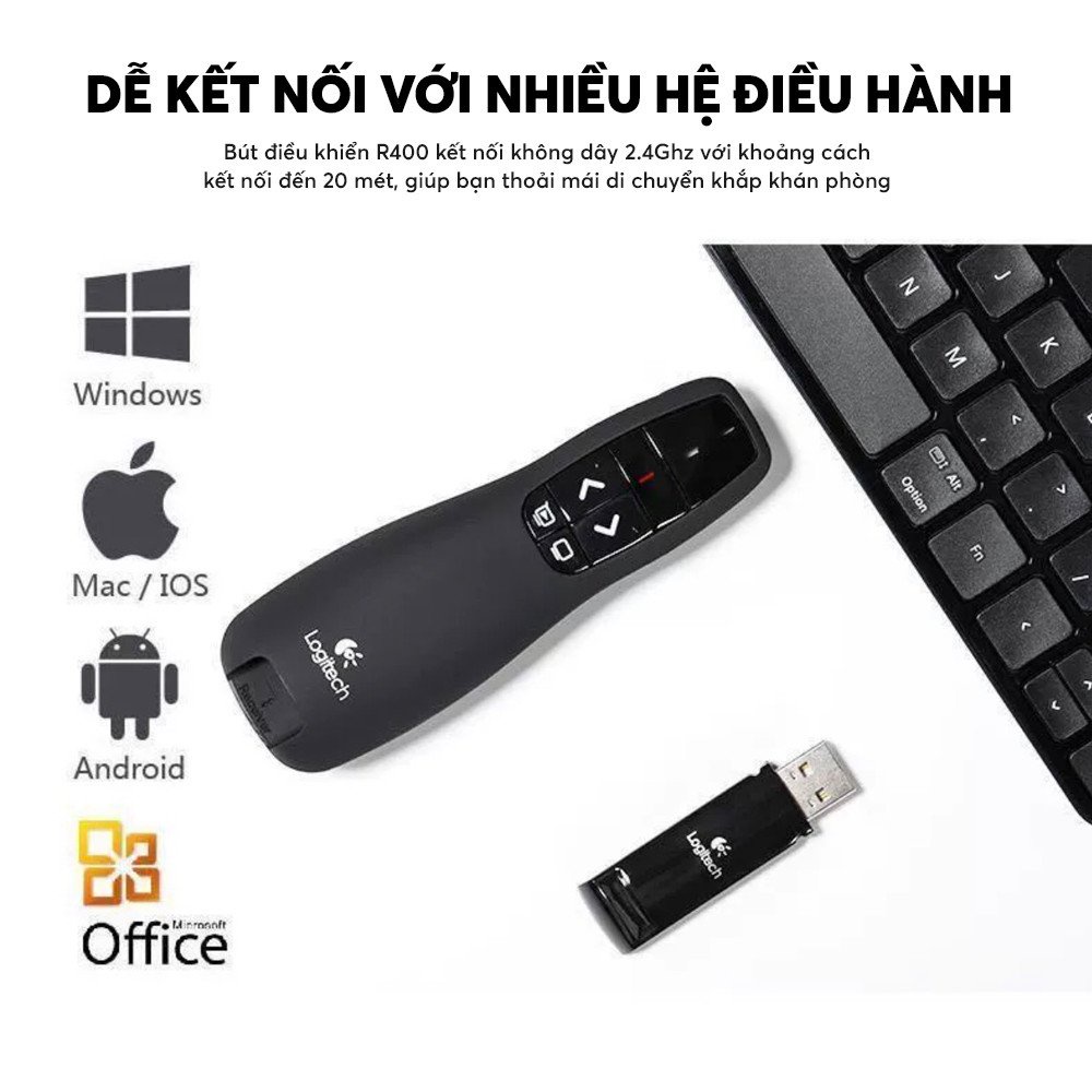 Bút Trình Chiếu Slide Loritech R500 PowerPoint Laser 2.4G. Bút Chỉ Máy Chiếu Màu Đen, Nút Ấn Nhạy, Độ Bền Cao