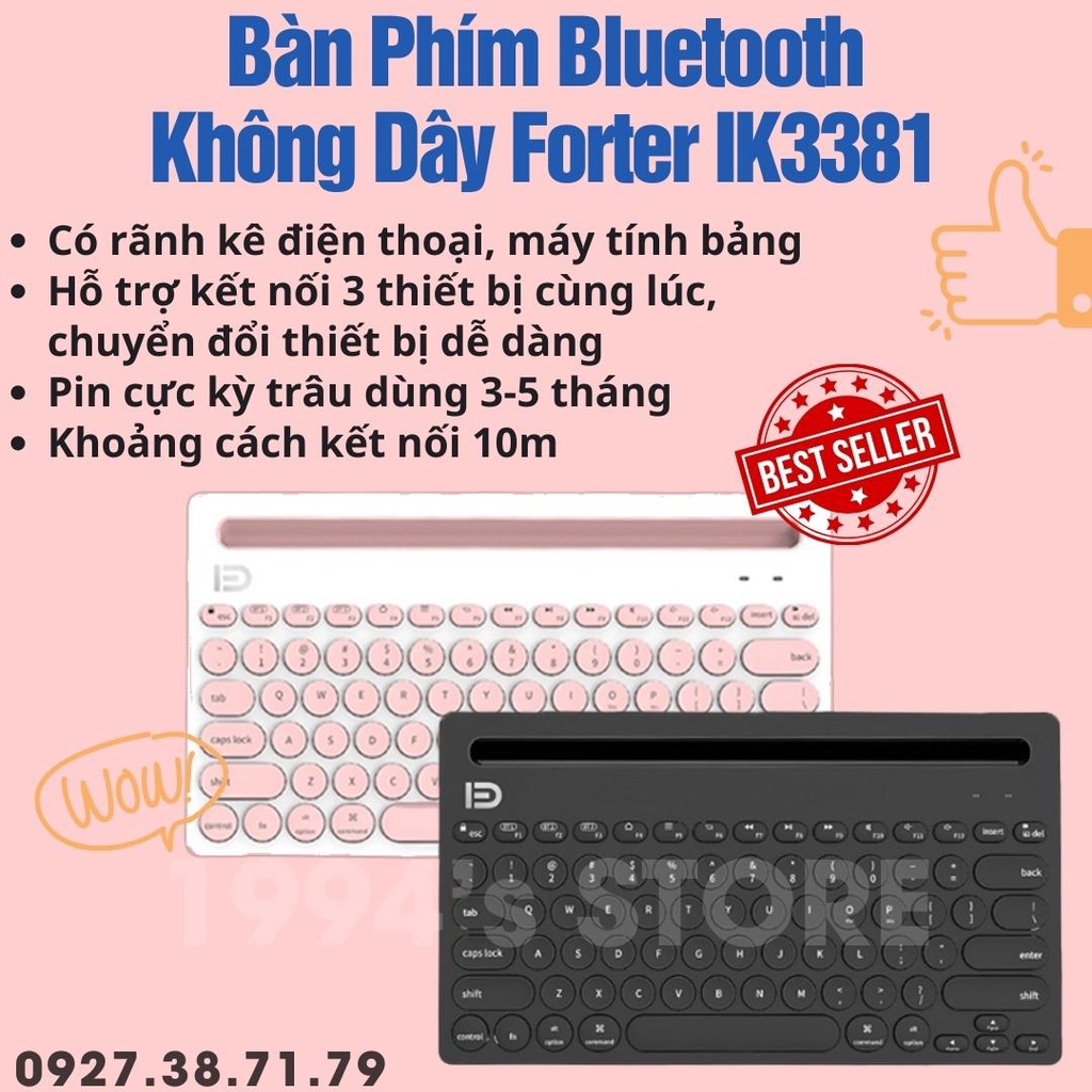 Bàn Phím Bluetooth Không Dây Forter IK3381 - Có khe để Điện thoại, Máy tính bảng, Ipad - Kết nối cùng lúc 3 thiết bị