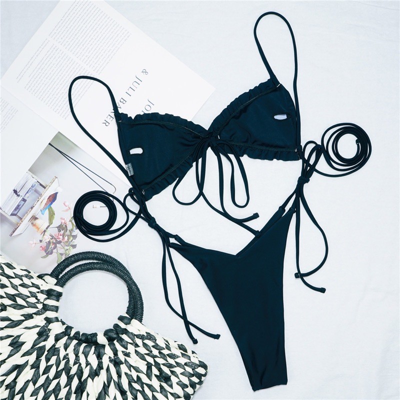 [BKN830] &lt;ÂU&gt; SET BIKINI TRIANGLE ĐEN/XANH QUẦN THONG/LỌT KHE
