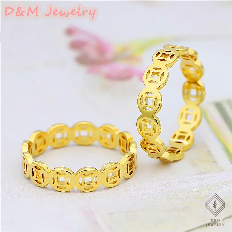 Nhẫn Thép Không Gỉ Mạ Vàng 18K Hình Đồng Xu May Mắn Phong Cách Retro