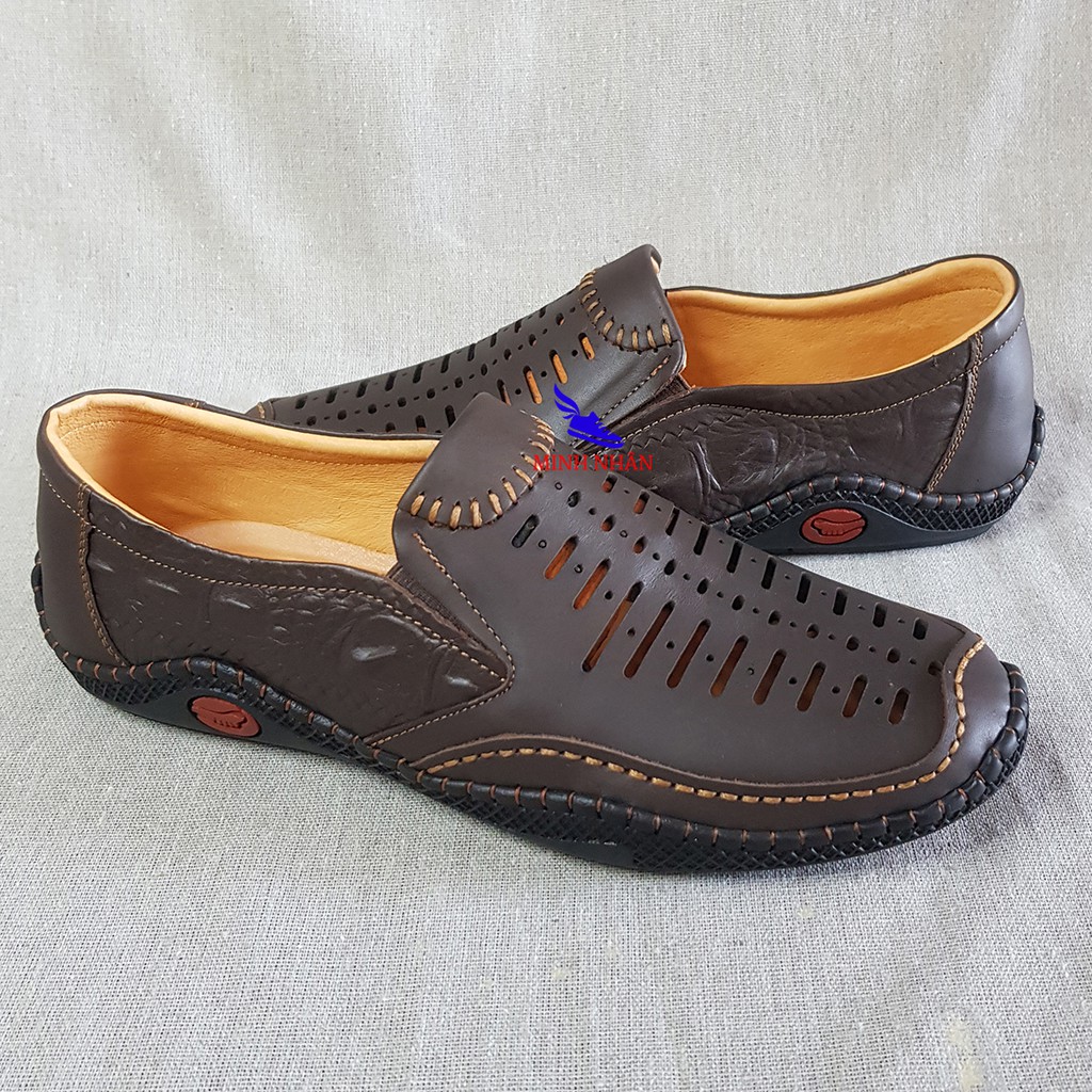 Giày rọ nam da bò cao cấp LÓT DA CỪU nguyên tấm đế khâu mùa hè đục lỗ thoáng khí Men’s Summer Shoes H-2 màu cafe